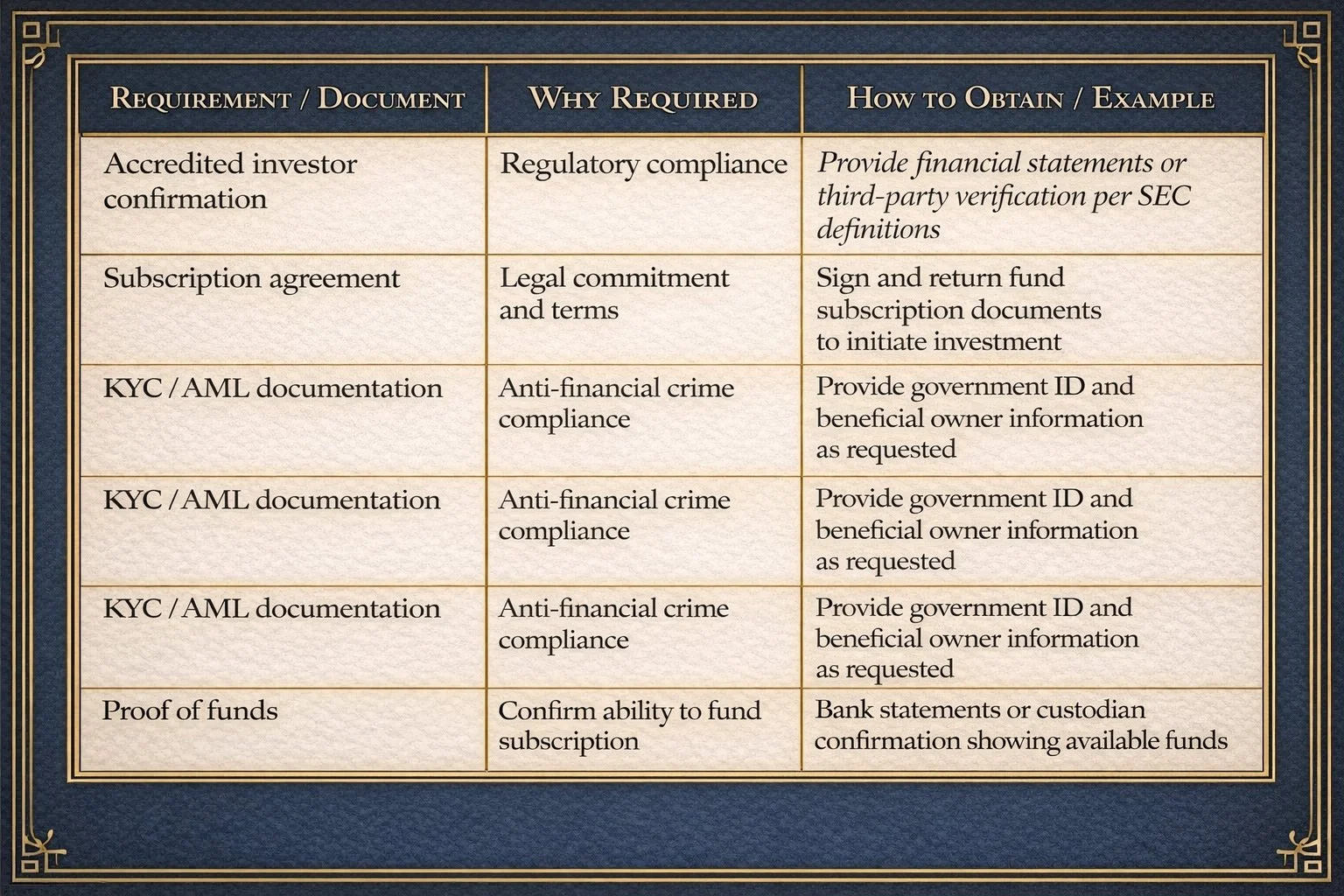 Table outlining accredited investor onboarding requirements including verification, subscription agreements, KYC AML documentation, and proof of funds for regulatory compliance