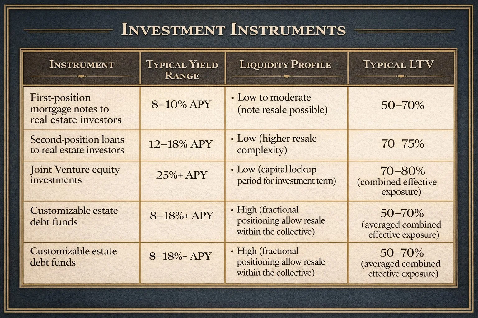 Comparison table of real estate-secured investment instruments showing typical yield ranges, liquidity profiles, and loan-to-value ratios for capital preservation