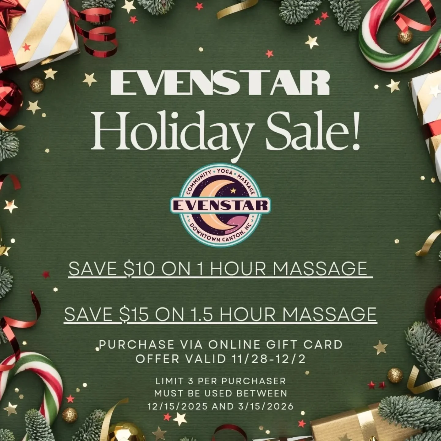 SUPPORT LOCAL and relieve pain/stress/family headaches this year with a massage gift card!!! 

Whether for you or a loved one, you can purchase UP TO 3 👀 to spread the love. 

Please navigate to our website, link in bio, or EvenstarNC.com and go to 