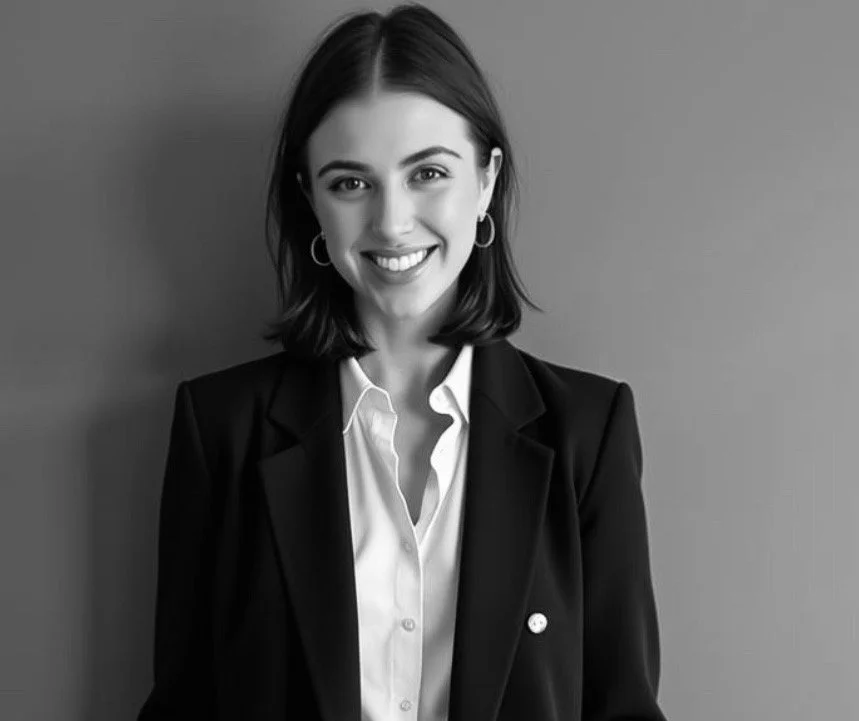Black and white portrait of a young woman with shoulder-length dark hair, smiling, wearing hoop earrings, a white collared shirt, and a dark blazer, standing against a plain wall.
