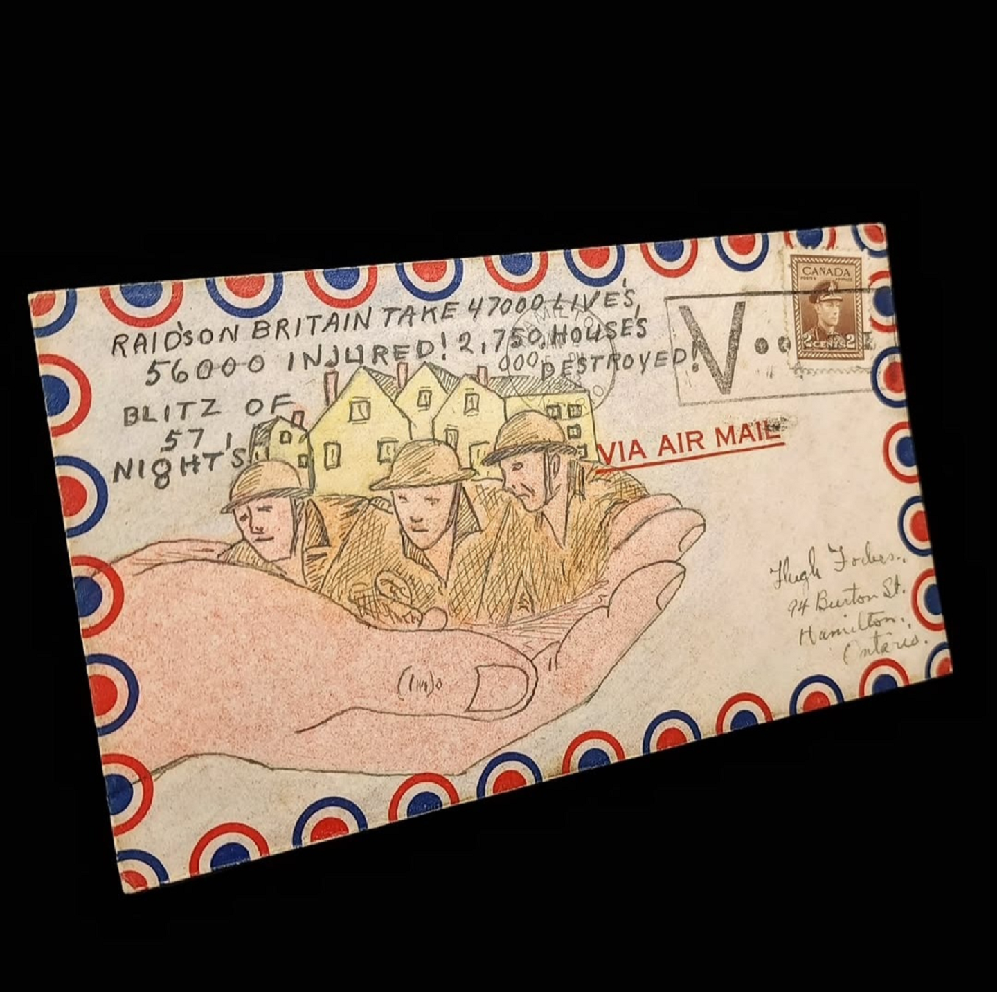 World War II Hand Drawn "Raids on Britain" Envelope