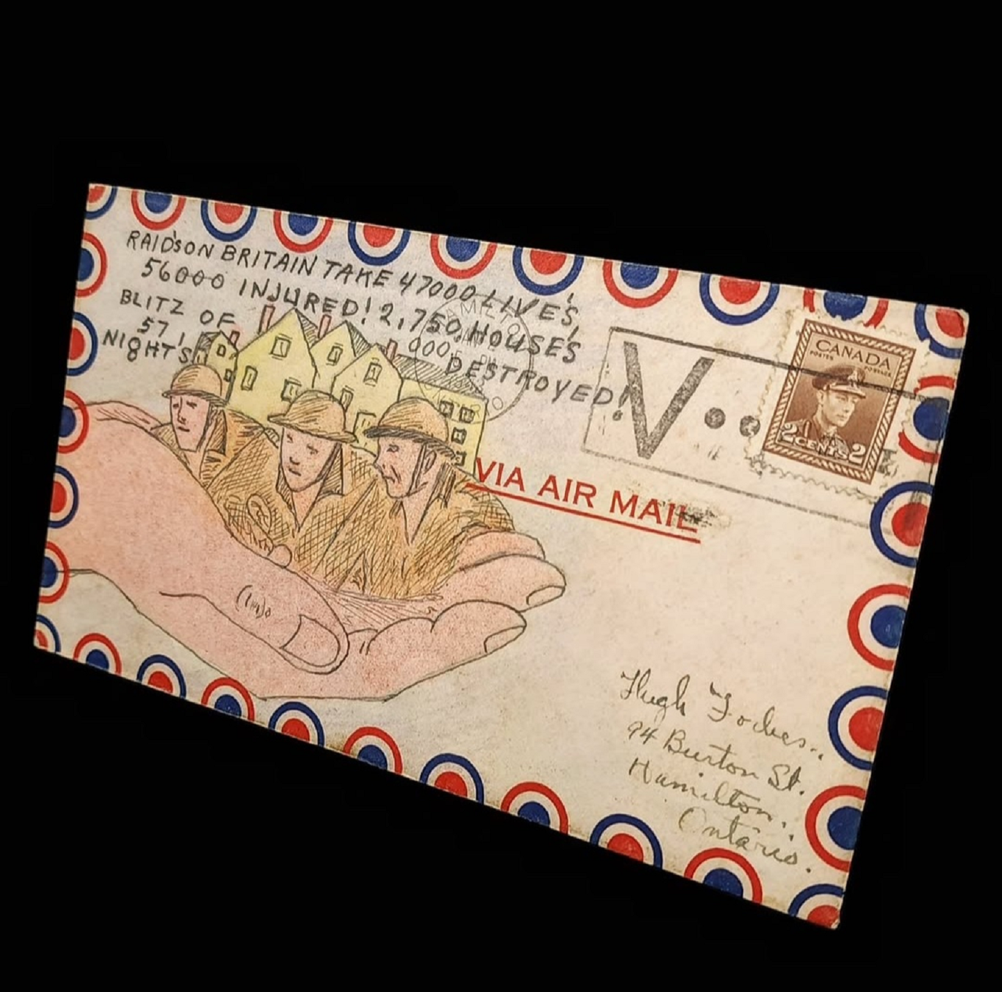 World War II Hand Drawn "Raids on Britain" Envelope