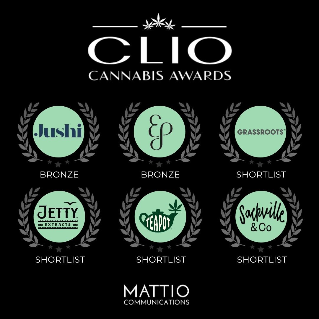 MATTIO client roll-call! 🗣️ S/O to @clioawards winners @edie_parker, @grassrootscannabisco, @jettyextracts, @wearejushi, @sackville.and.co, and @drinkteapot for their placements on the 2023 Clio Cannabis Awards list. 👏