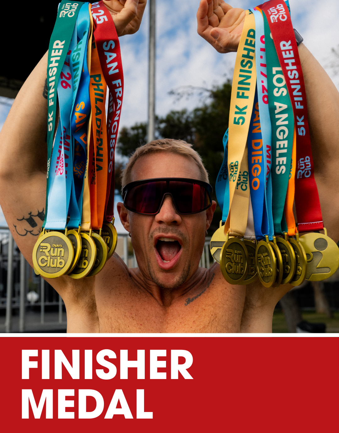 Gold finisher medal with black center and green ribbon, engraved with 'Diplo's Run Club'