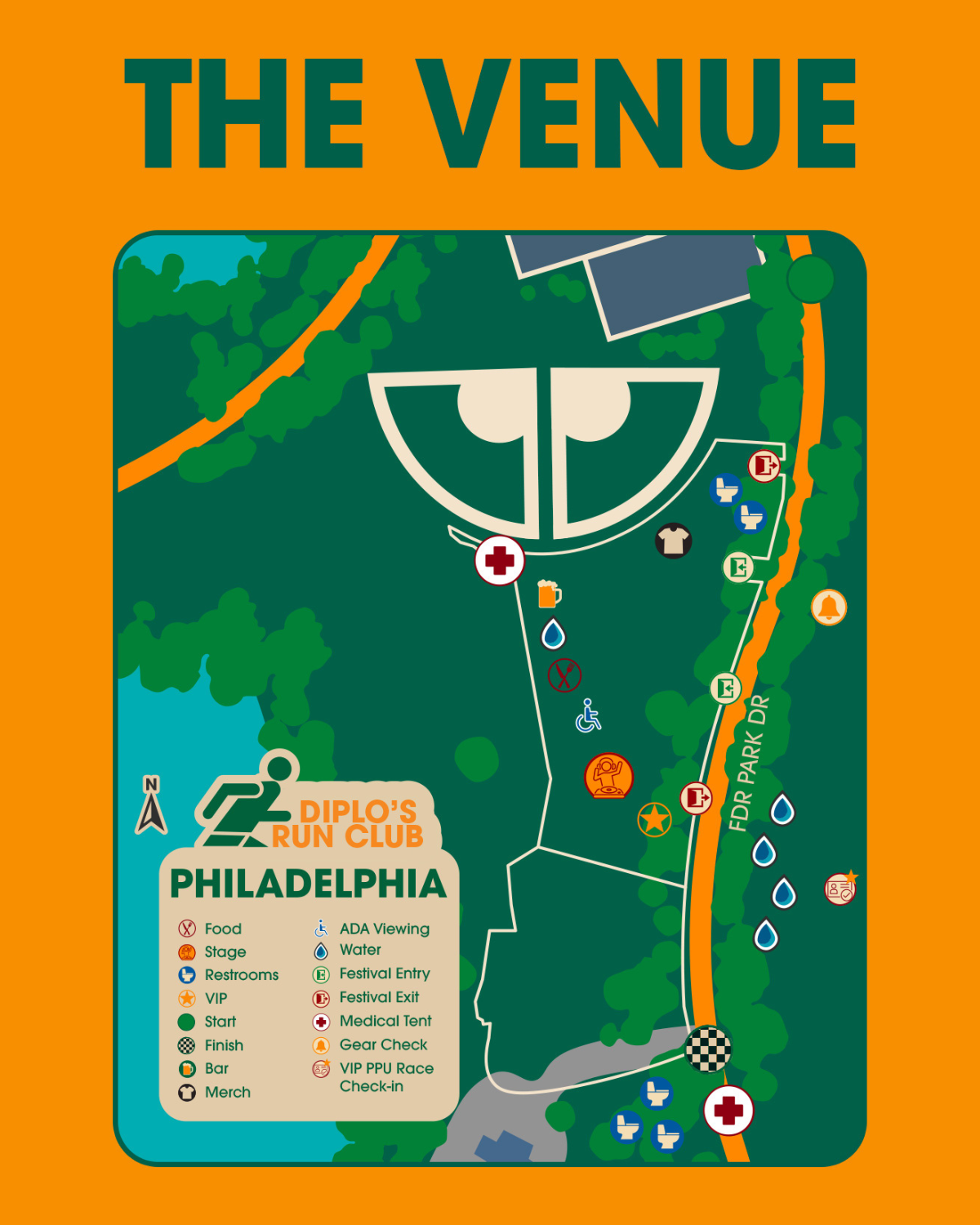 Map of The Venue at Philadelphia for Diplo's Run Club with icons for food, stage, restrooms, VIP, start, finish, bar, merchandise, ADA viewing, water, festival entry and exit, medical tent, gear check, and VIP PPU race check-in, along with a running route through a park area.