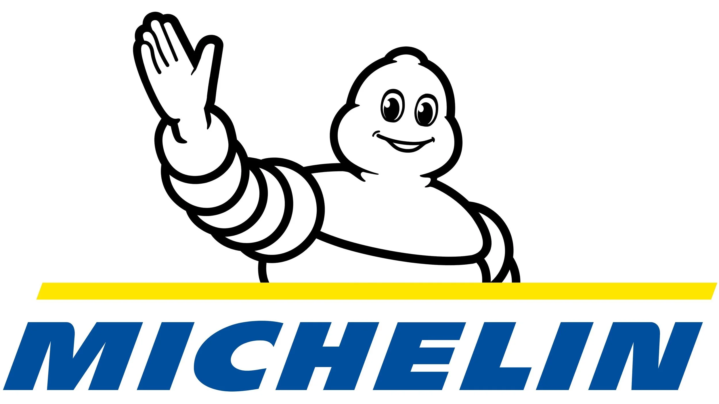 Michelin mascot, a cartoon stack of tires with a face, waving its left hand, and part of the Michelin tire logo with bold blue letters and yellow stripe