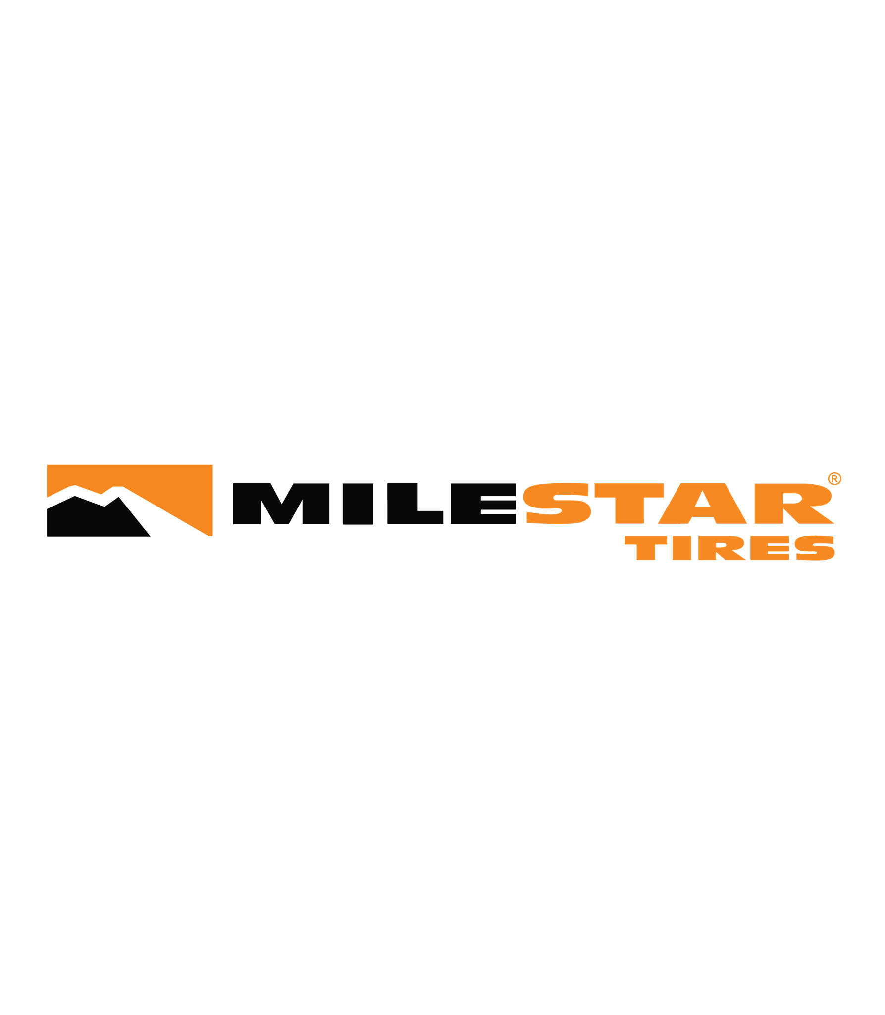 A mountain landscape with a black background, orange and white logo, and the text "MILESTAR TIRES" in black and orange.