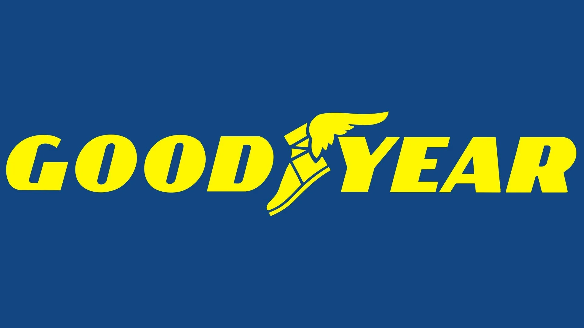 Goodyear tires logo with yellow text and a winged tire in the center on a blue background.
