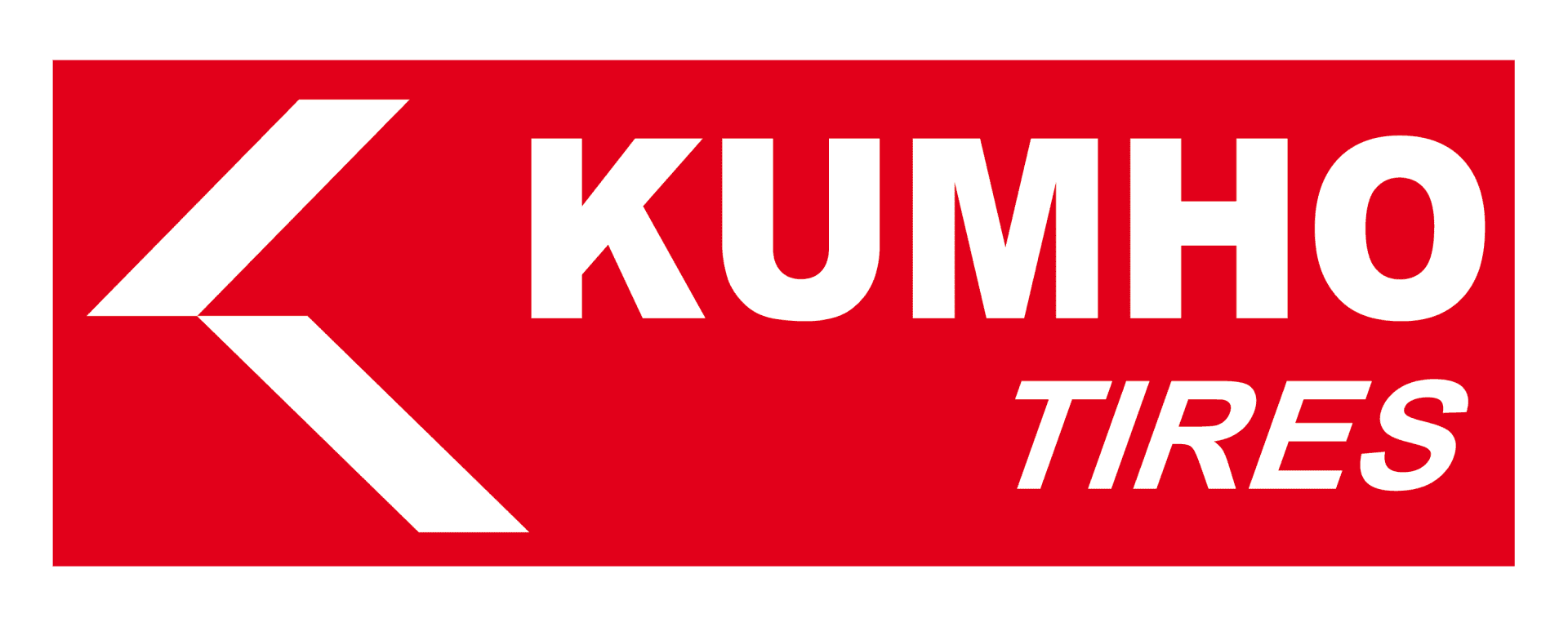 Red sign with a white arrow pointing left, with the text 'KUMHO TIRES' in large white letters.