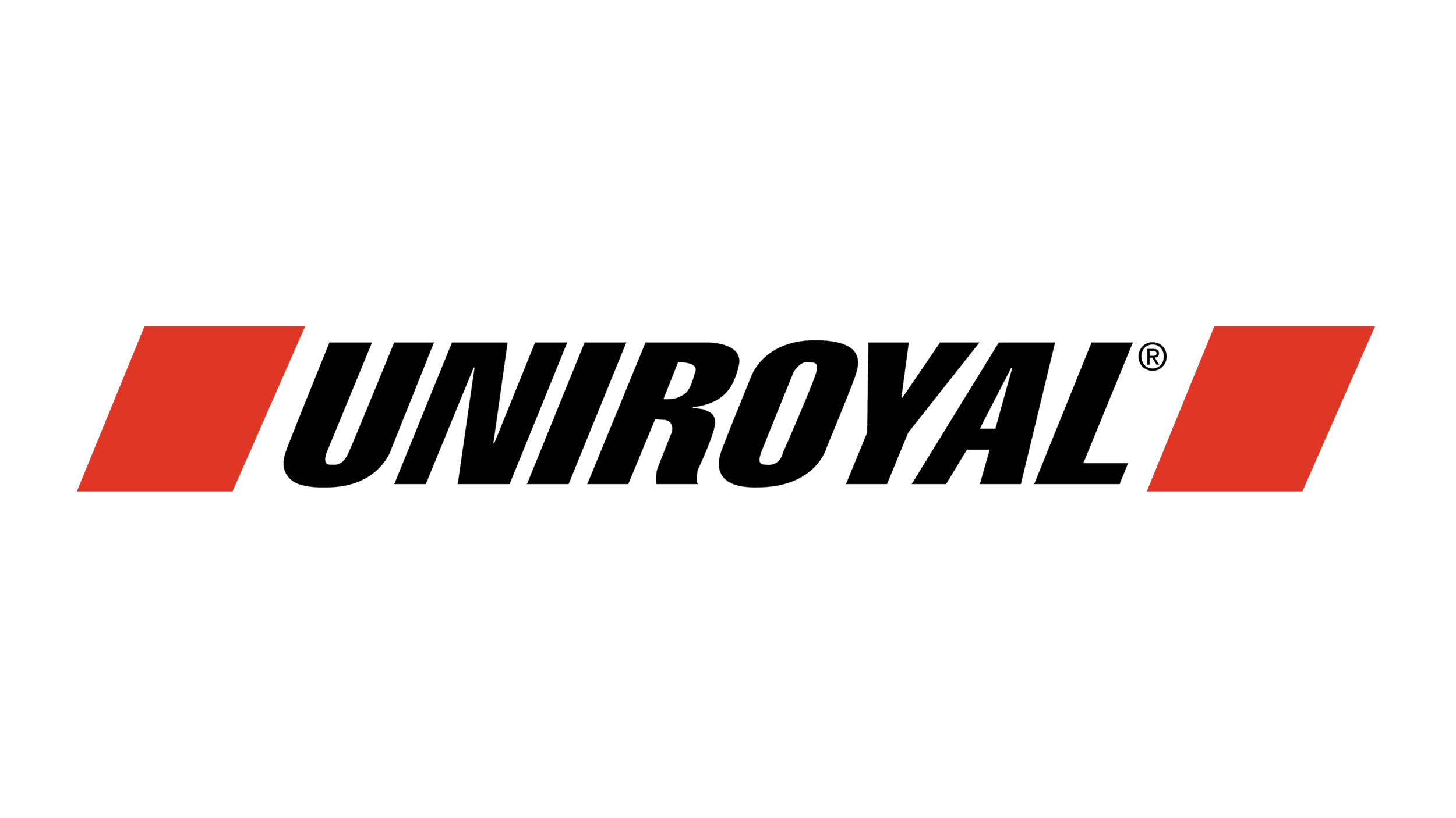 The logo of Uniroyal Tires featuring bold black text with two red parallelograms on each side.