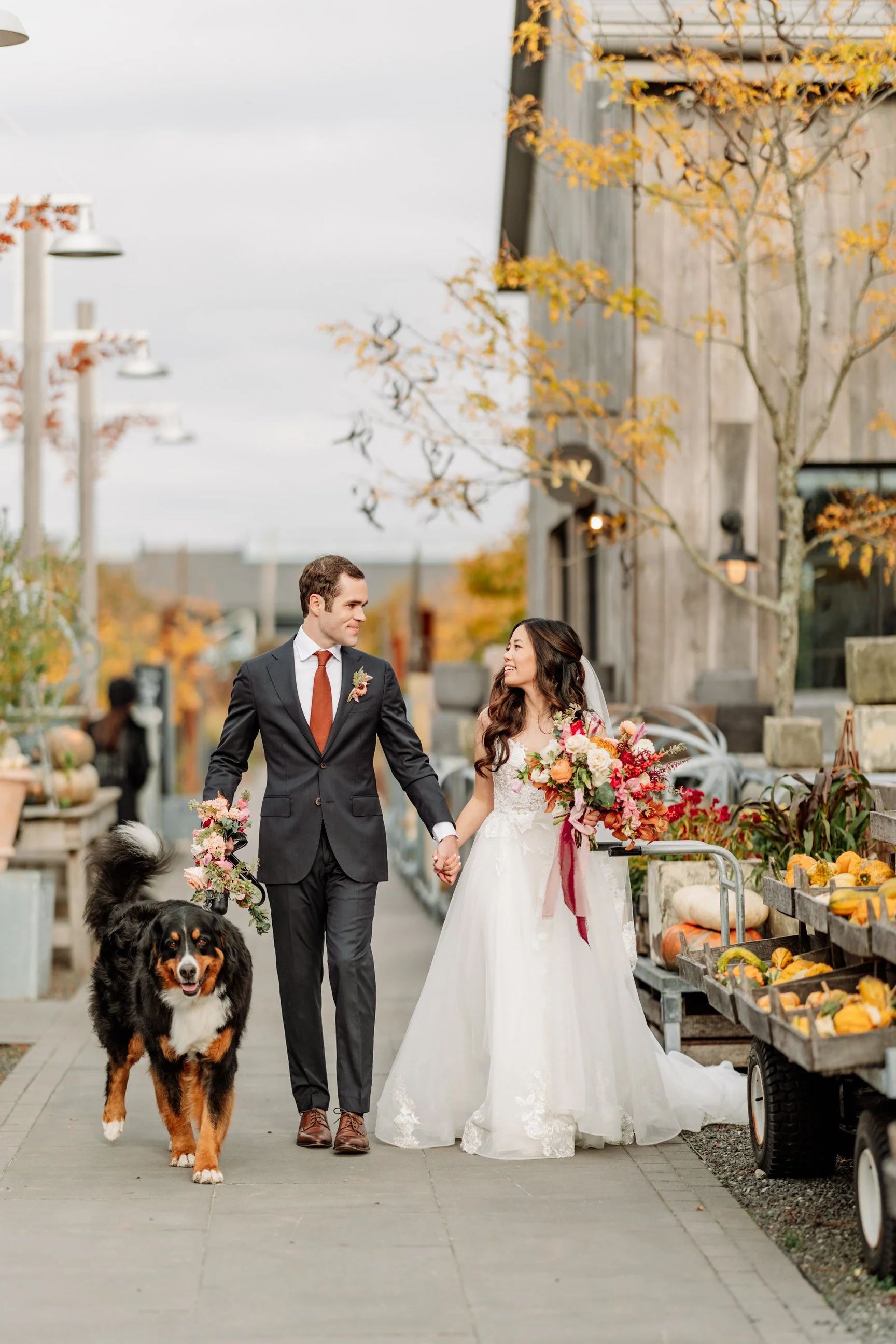 A newlywed couple holding hands and walking with their dog in an outdoor market or farm stand during fall, with pumpkins and autumn foliage around.