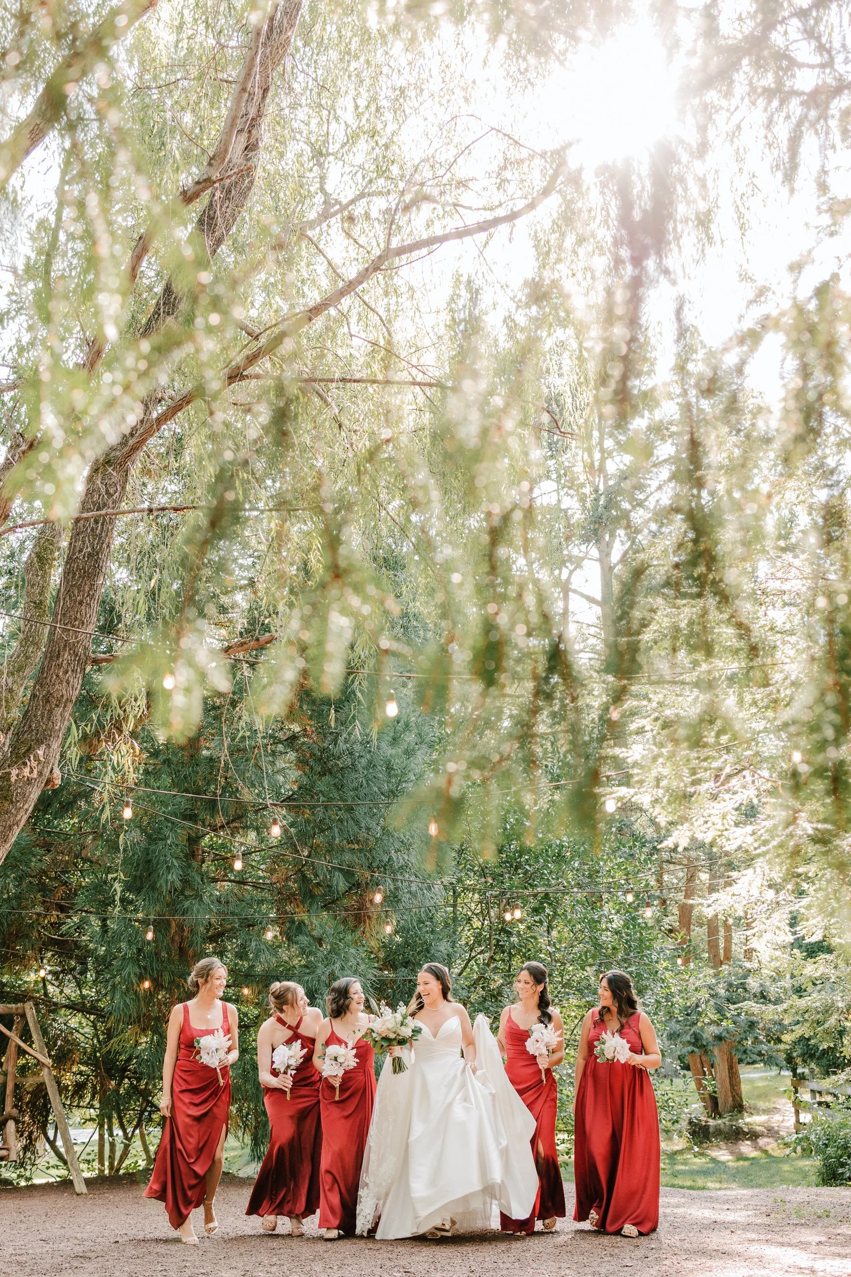 A bride and five bridesmaids walking outdoors on a dirt path surrounded by trees with hanging string lights, sunlight filtering through the leaves. The bride is in a white wedding gown, and the bridesmaids are in matching red dresses, holding bouquet