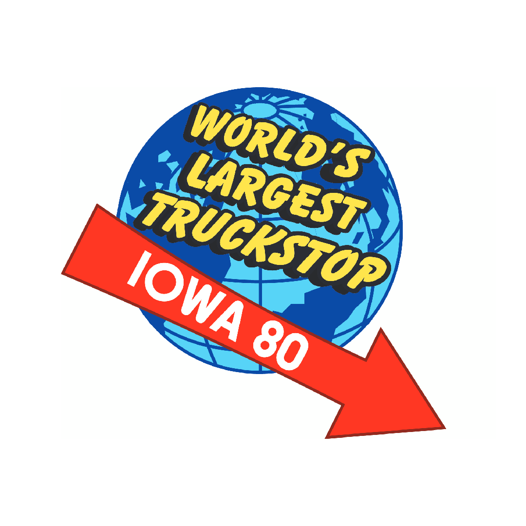 Logo featuring a blue globe with bold yellow and black text saying "World's Largest Truck Stop" and a red arrow with white text "Iowa 80" pointing downward.