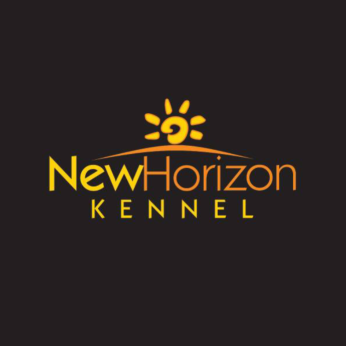 Logo for New Horizon Kennel featuring a stylized yellow sun above the text in yellow and orange on a black background.
