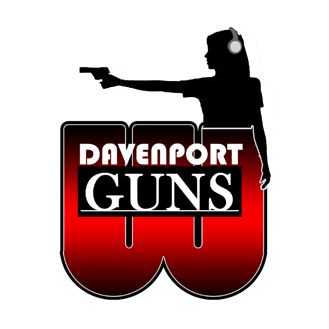 Silhouette of a woman wearing headphones pointing a gun, with text 'Dayenport Guns' on a stylized red and black background.