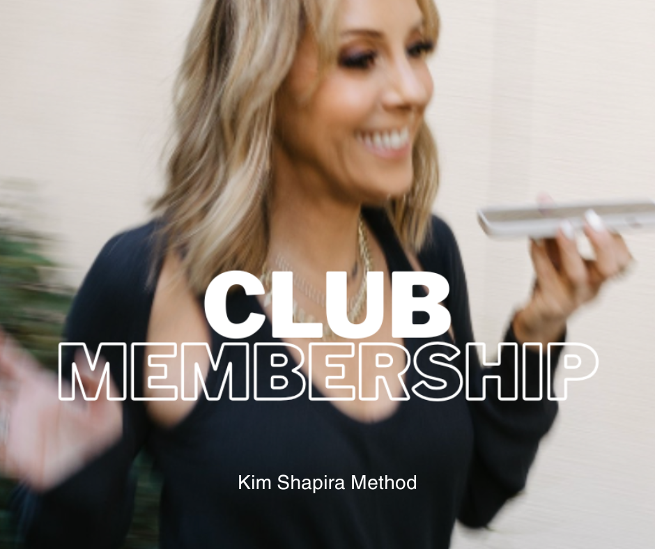 A smiling energetic woman with blonde hair holding a smartphone, with the text 'Club Membership' and 'Kim Shapira Method' overlaid.