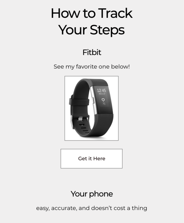 A promotional graphic about tracking steps with a Fitbit fitness tracker, featuring an image of a black Fitbit device and a button labeled 'Get it Here'.