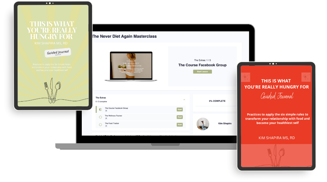 Digital devices displaying online course materials with a guided journal cover on the left, a course dashboard on a laptop in the center, and another guided journal cover on a tablet to the right, created by Kim Shapira Method.