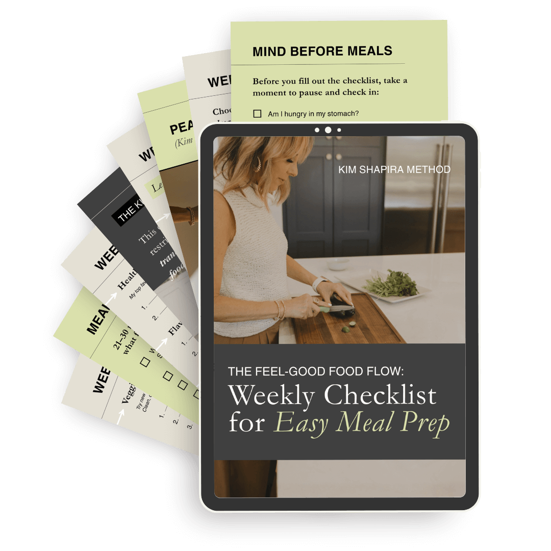 A digital tablet displaying a woman preparing food in a kitchen, with labeled recipe pages fanned out behind it, titled 'Weekly Checklist for Easy Meal Prep' from the Kim Shapira Method.