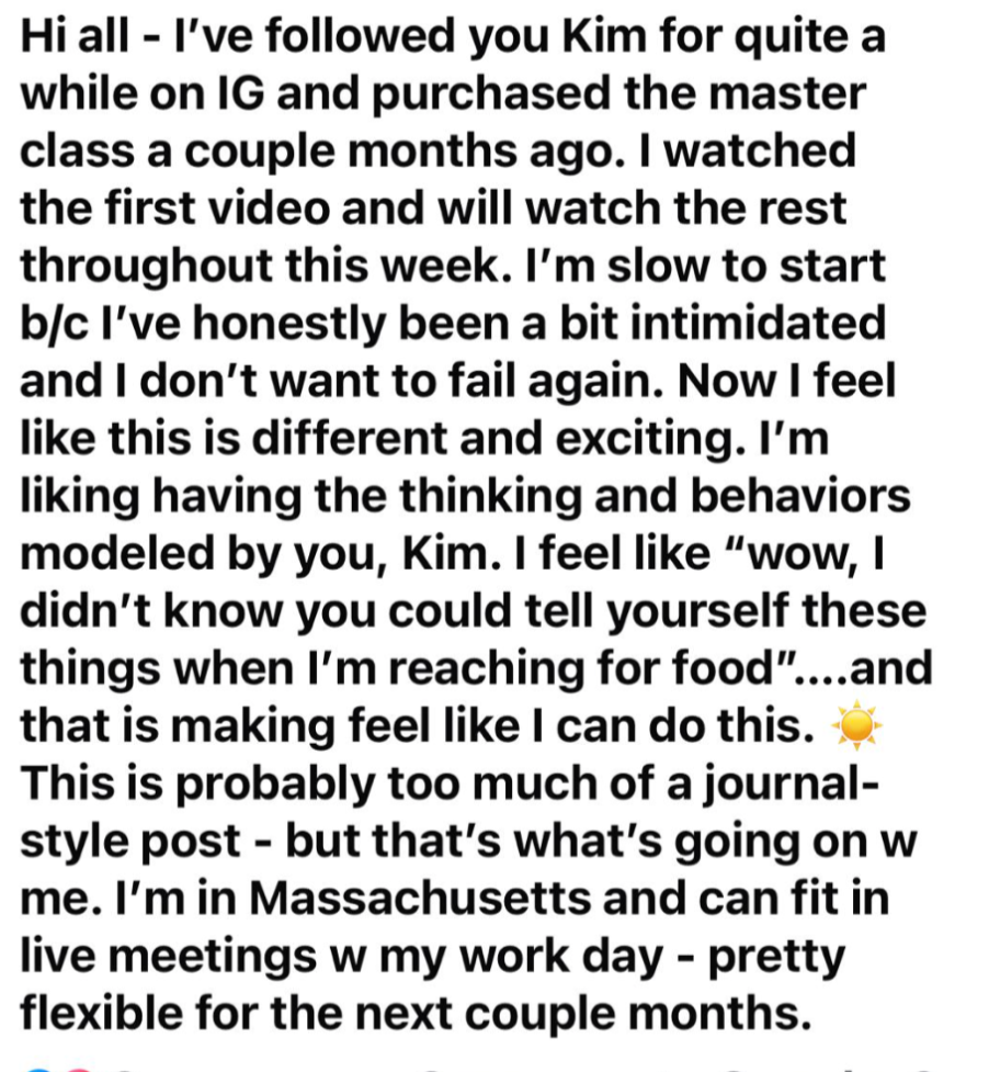 Testimonial: Grateful for Kim's Instagram content, all the way in Massachusetts, which built confidence, reduced intimidation, and inspired personal growth.