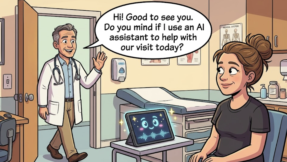 A cartoon illustration of a doctor walking into an examination room asking a patient for permission to use an AI assistant, representing patient-centered care and modern medical visit non-negotiables.