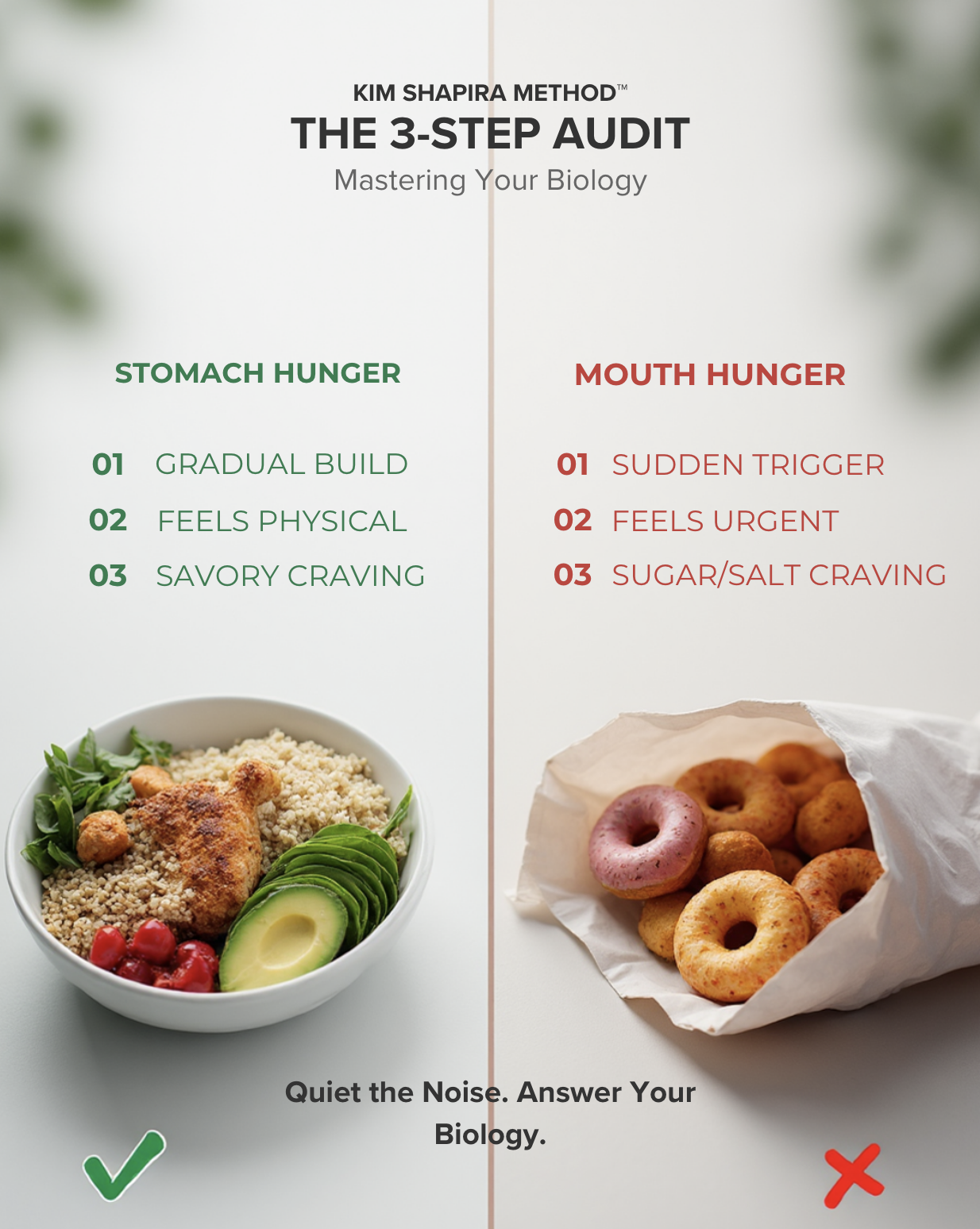 The Kim Shapira Method™ 3-Step Hunger Audit: How to distinguish between biological stomach hunger and emotional mouth hunger noise."