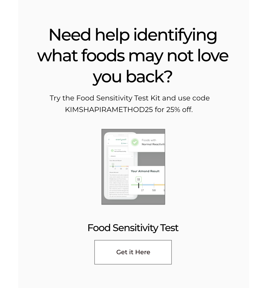 Advertisement for a food sensitivity test kit offering 25% off, with instructions for use and a button labeled 'Get it Here'.