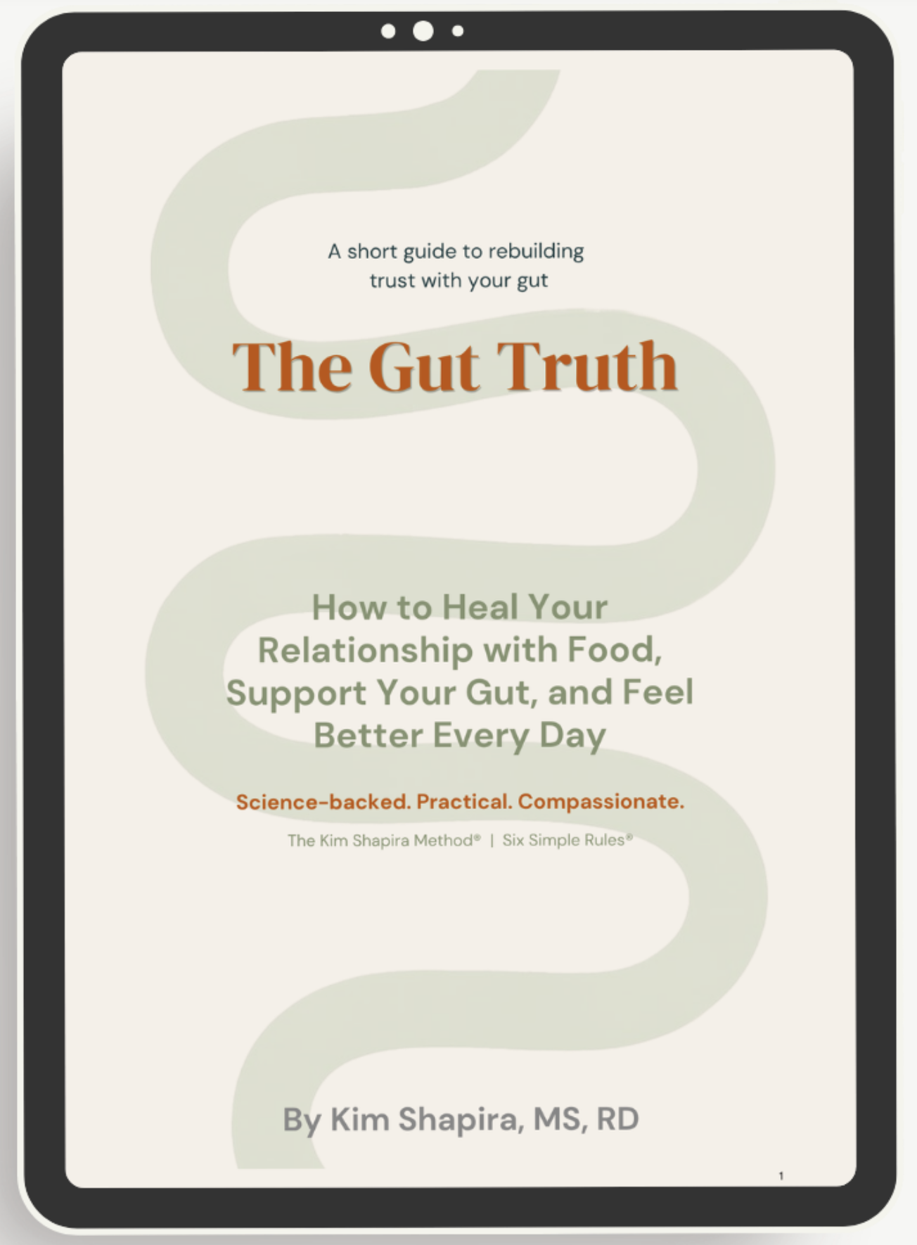 Digital view of The Gut Truth guide cover by Kim Shapira, MS, RD, showing a soft green wavy path design.
