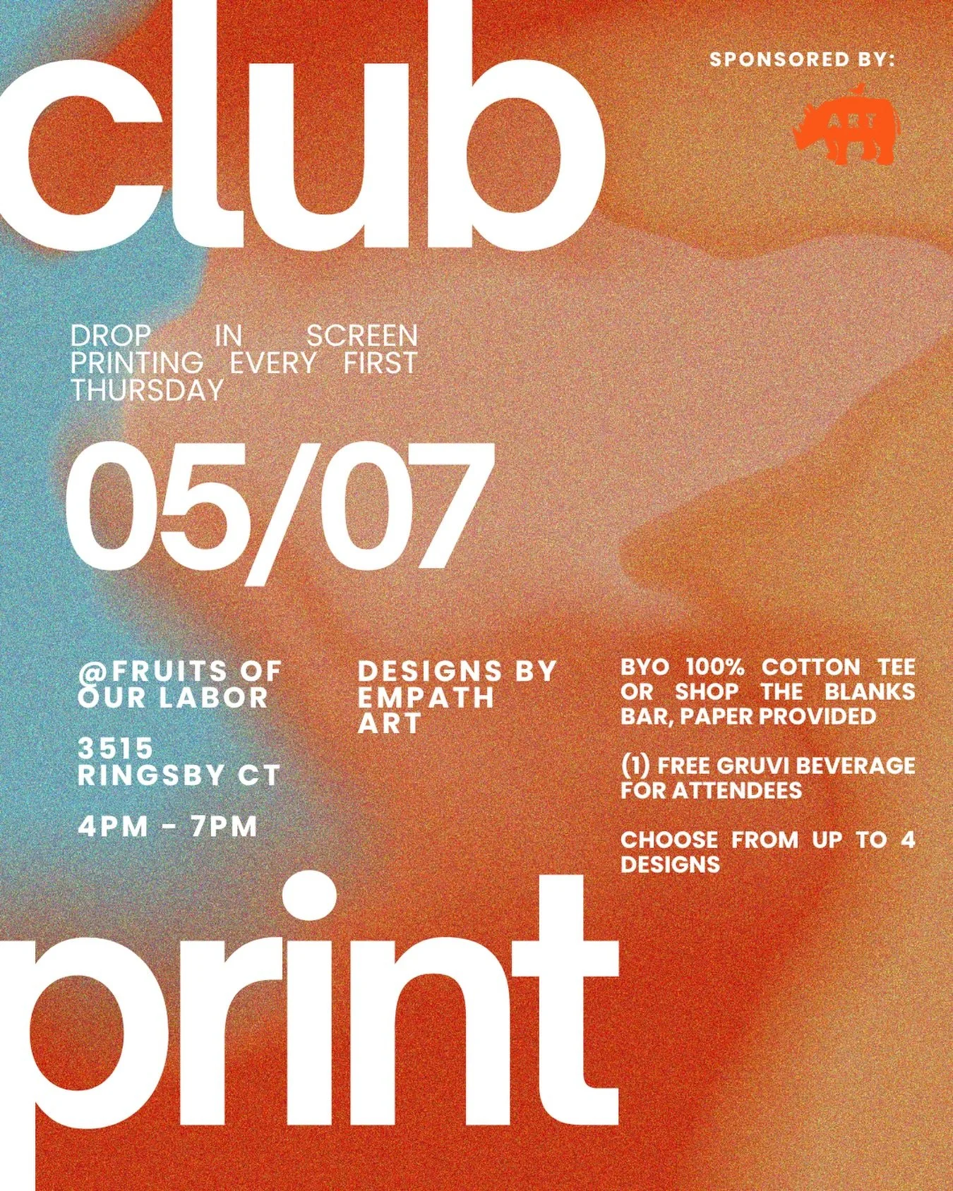 🌷May Club Print : Monthly Drop in Screen Printing

Thursday, May 7, 2026
4:00 PM - 7:00 PM

Come hang with @_empath_art_ at Club Print, a monthly screen printing meetup every first Thursday of the month! Bring a WHITE TEE you would like to print or 