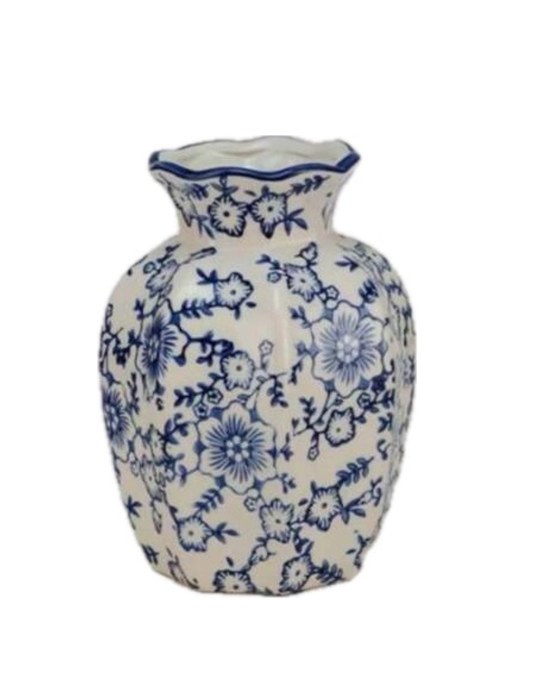 A decorative ceramic vase with blue floral patterns on a white background.