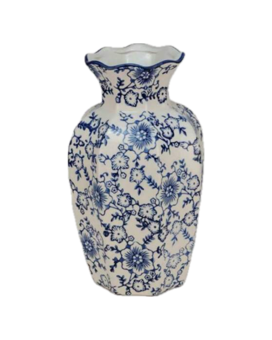 White ceramic vase with blue floral patterns and wavy rim