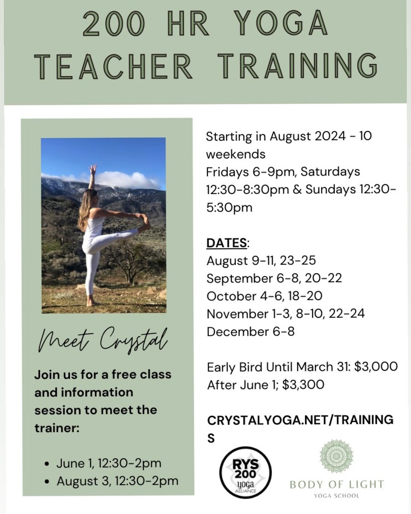 Don&rsquo;t miss this opportunity to take your practice to the next level and experience a life changing opportunity. 

Yoga Yoga is proud to host @crystalcerratoyoga from @bodyoflightyogaschool for her upcoming 200hr Teacher Training starting in Aug