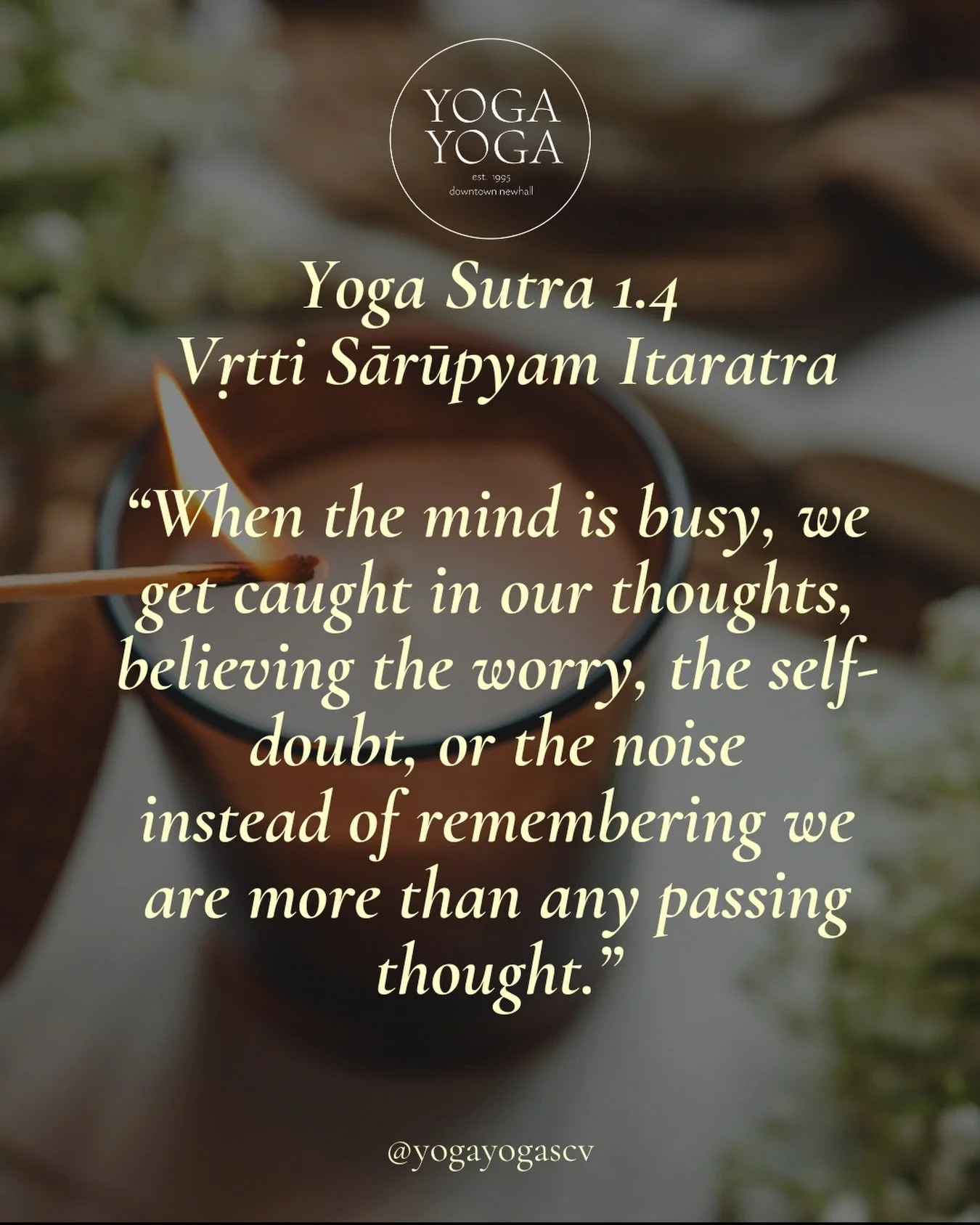 Yoga Sutra 1.4
At other times, we identify with the fluctuations of the mind.

To keep it simple, when our mind is busy, emotional, stressed, reactive, fearful, or stuck in stories, we start to believe we are those thoughts and feelings.

We don&rsqu