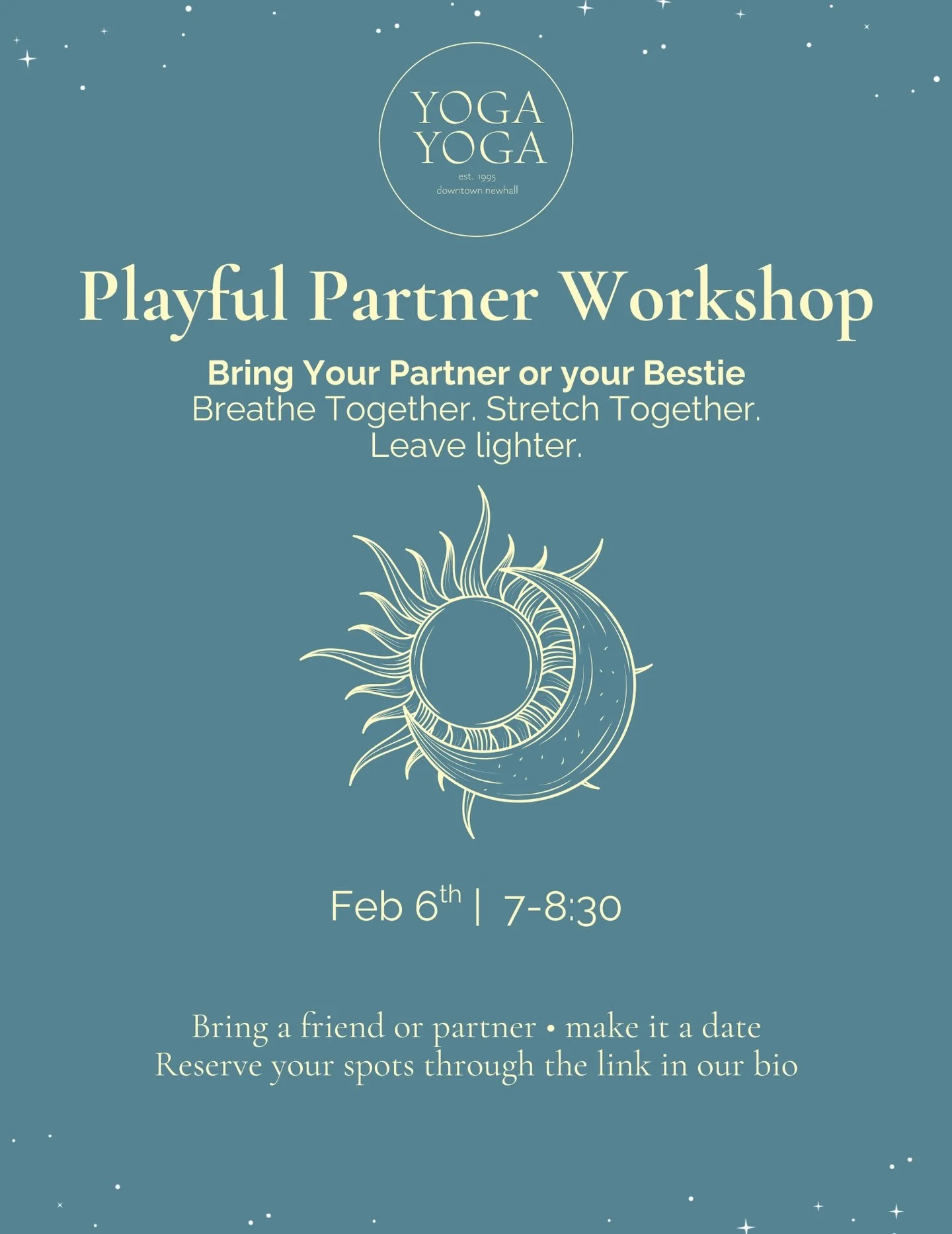 Playful Partner Workshop ✨

Bring your partner, bestie, or someone you love and join us for an evening of movement, laughter, and connection.

We&rsquo;ll explore gentle partner stretches, supported poses, and mindful touch to build trust, ease tensi
