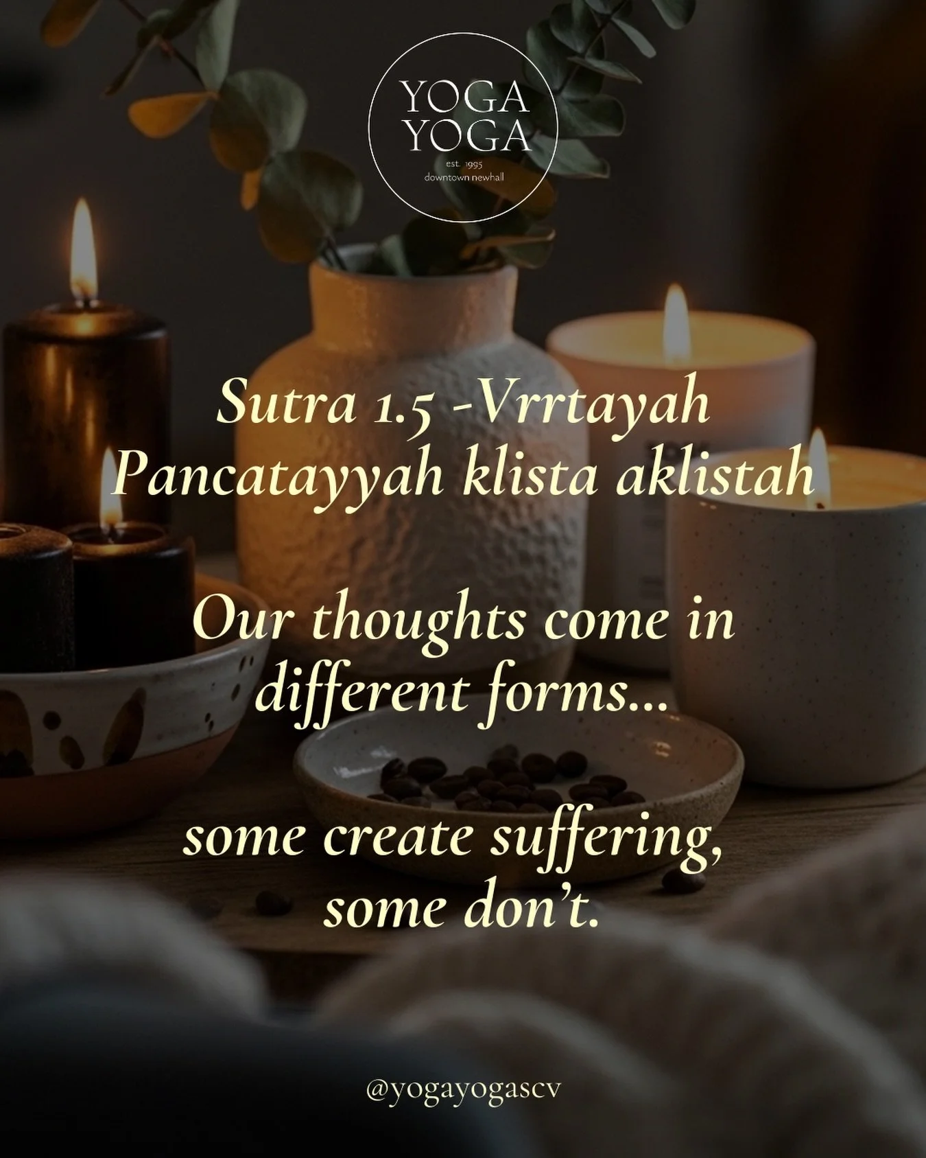 Sutra 1.5 - Your thoughts fall into two groups:

Ones that help you feel calm, clear, and steady.

Ones that create stress, fear, and suffering.

That&rsquo;s it.

Some thoughts support your peace.

Some thoughts steal it.

Yoga is learning to notice