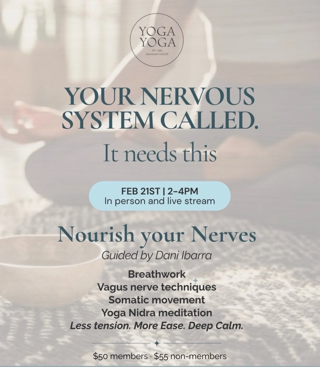 ✨ In-Person + Live-Streamed ✨

Stressed out?
Nerves fried?
Ready to learn how to self-regulate?

Join me for Nourish Your Nerves- a gentle, supportive workshop designed to help calm your nervous system and bring you back into balance.

🫶 Breathwork
