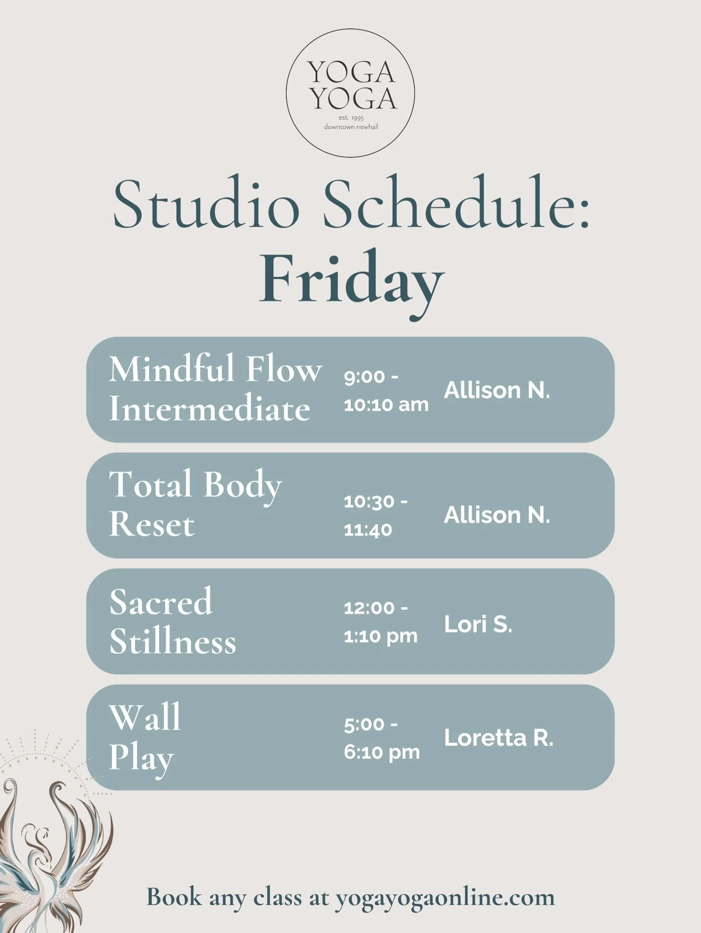 ✨ Yoga Yoga Schedule at a Glance ✨

A sanctuary for healing, mindful movement &amp; nervous system support.

🌿 What makes Yoga Yoga special

✔ Alignment-based &amp; therapeutic care
✔ Beginner &amp; senior friendly, accessible for all bodies
✔ Nervo