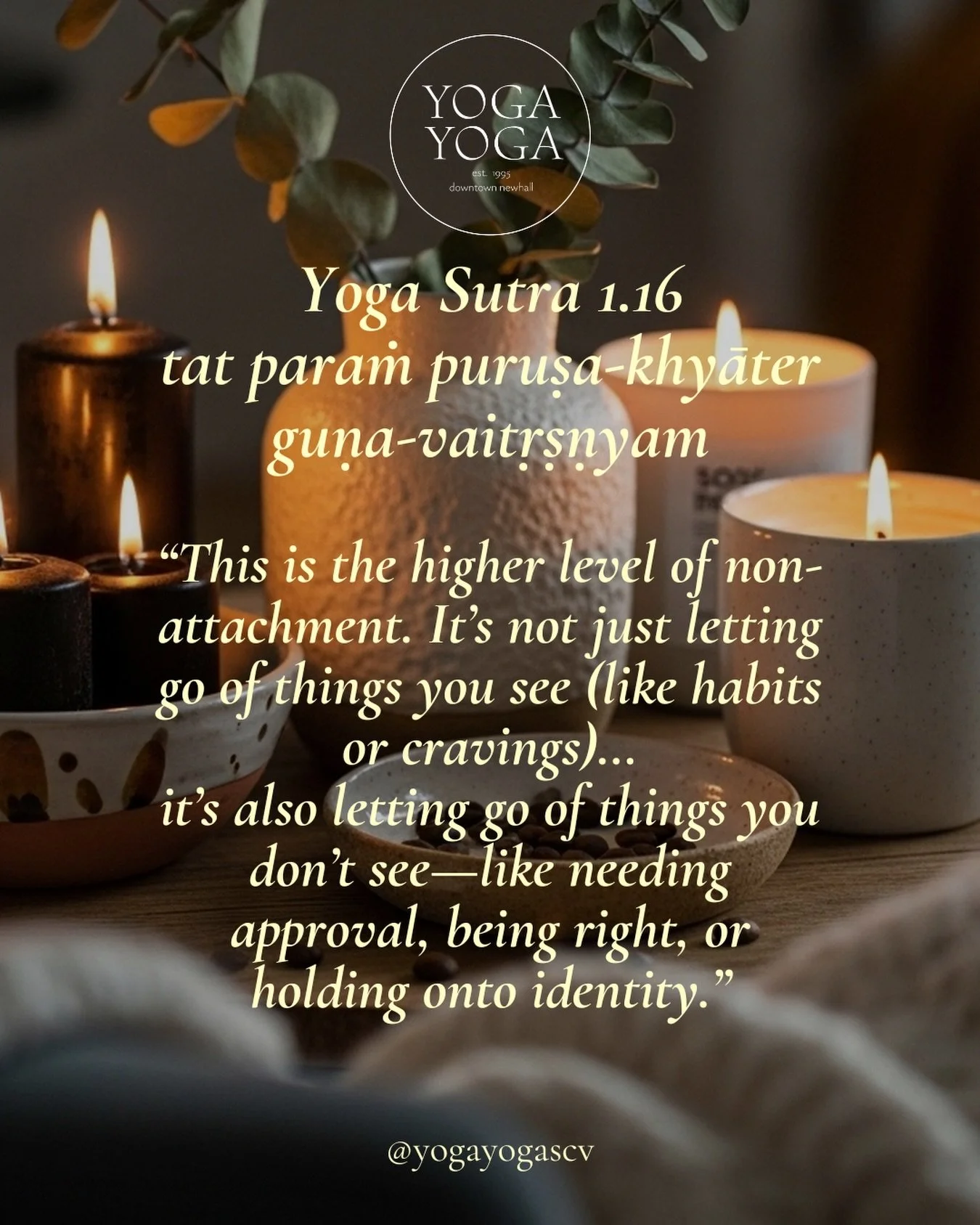 Sutra 1.16 is about the highest level of letting go. Through deep self-awareness, you are no longer pulled by desires, habits, or the ups and downs of life. 

#YogaSutras #YogaPhilosophy #LiveYourYoga #NonAttachment #InnerPeace