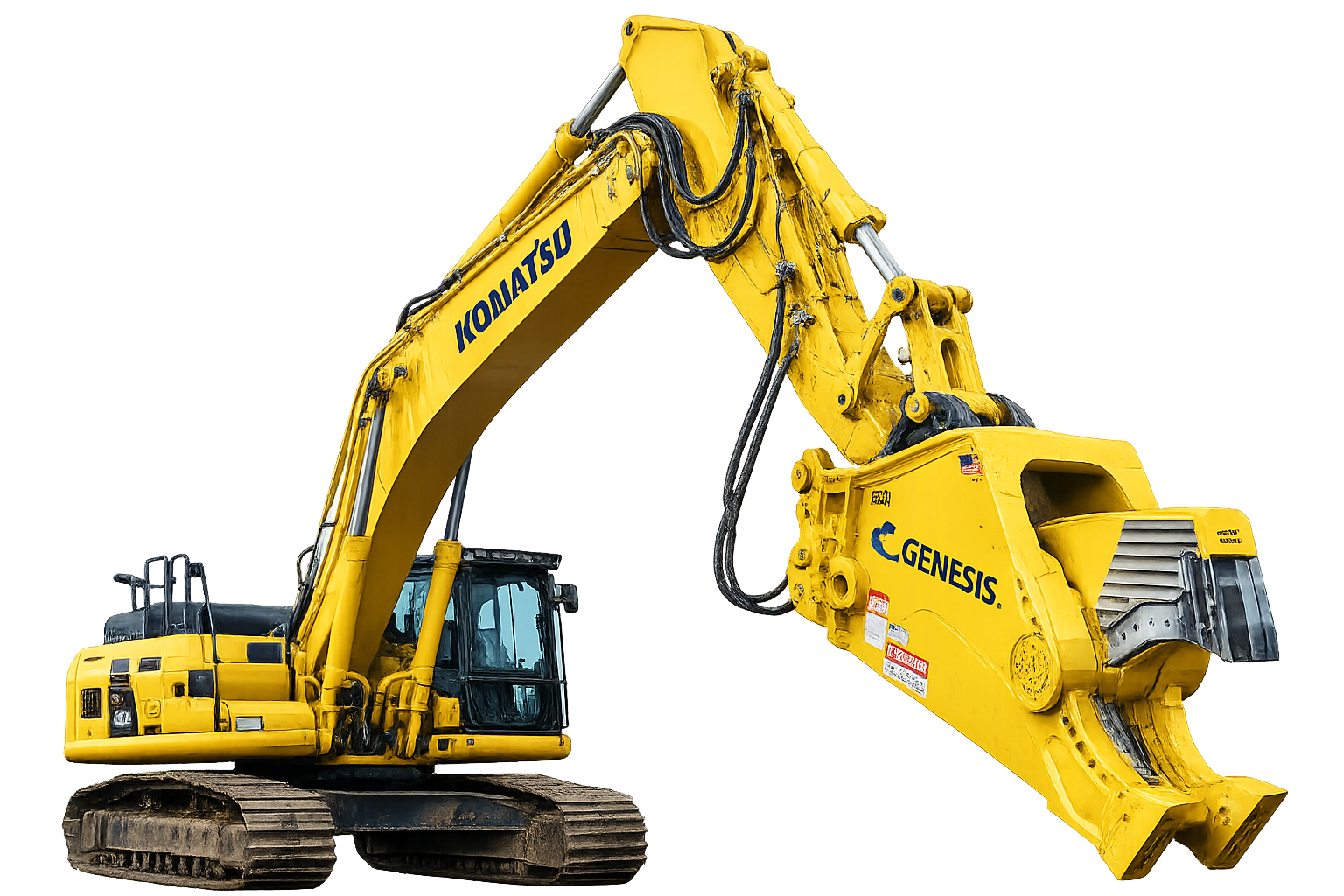 Yellow Komatsu excavator with black hydraulic hoses and branding, isolated on a plain background.