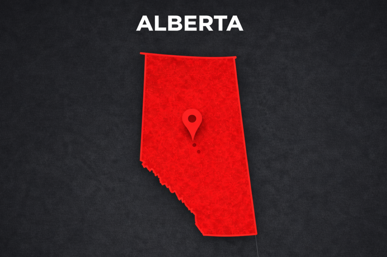 Map of Alberta with a location marker in the center.