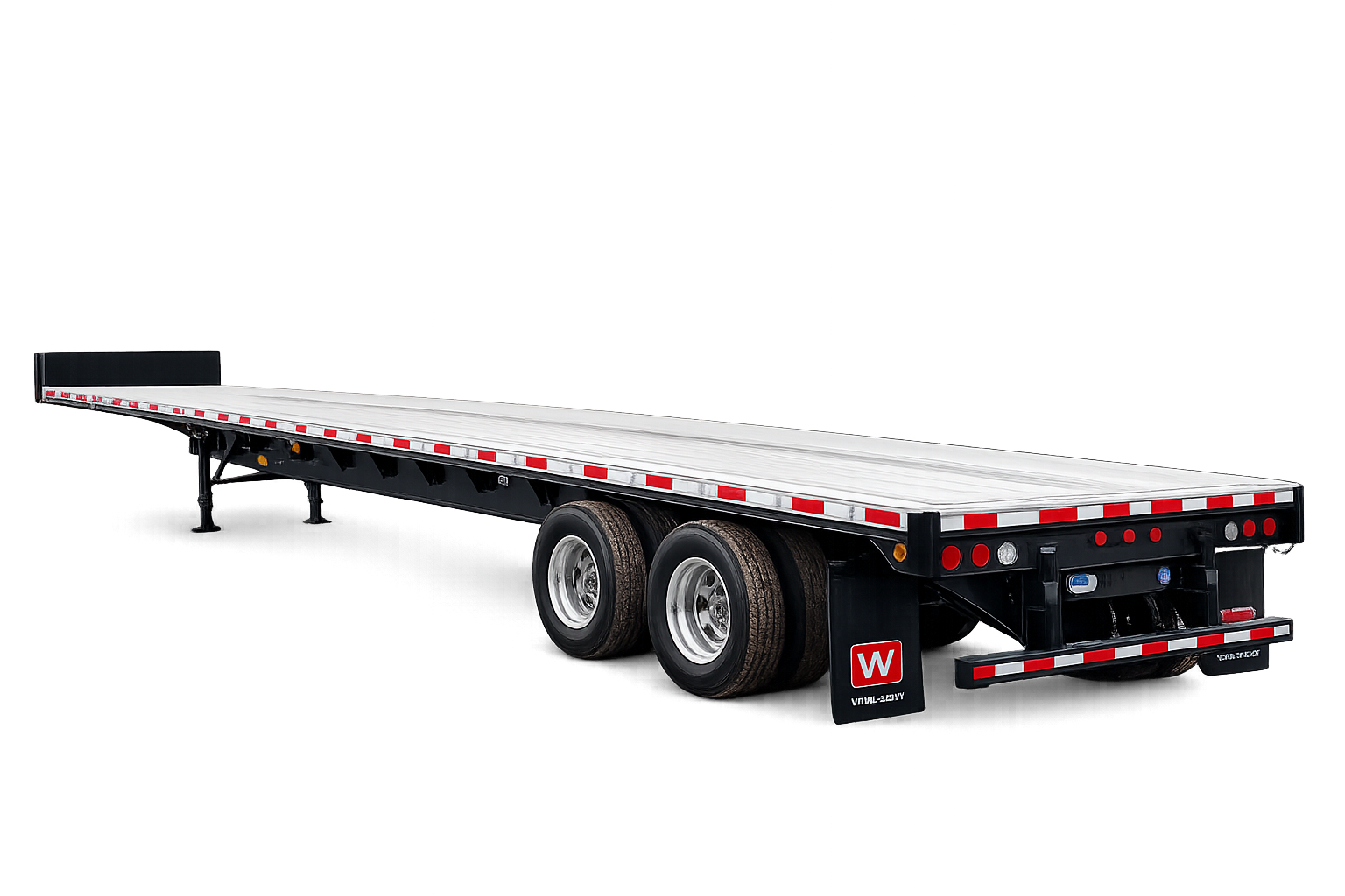 Flatbed trailer with dual rear wheels, black frame, and reflective red and white tape along the edges, set against a black background with purple and red light streaks.