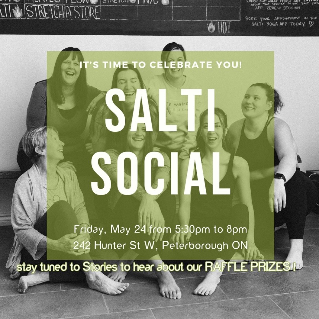 🔥 SALTI SOCIAL 🔥

You&rsquo;re invited to our Client Mixer - Friday, May 24th at 5:30pm. 

Join us for...

😍 Community
😍 Door Prizes from Salti Yoga and other AMAZING local businesses
😍 Snacks &amp; Beverages 
😍 Clothing Swap (donate items in a
