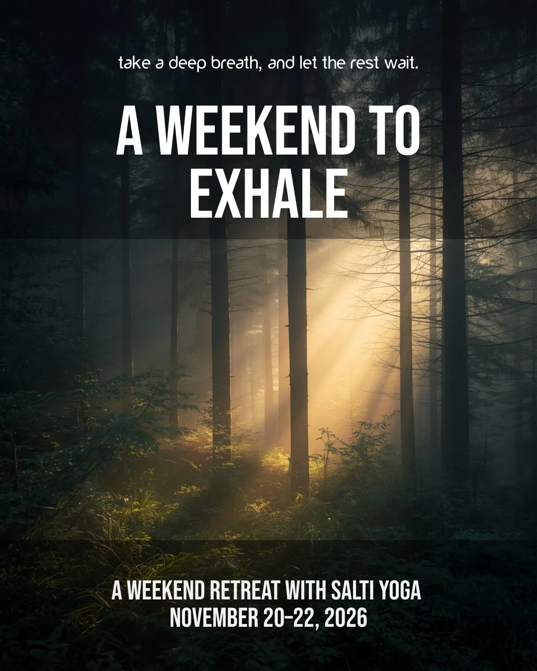 When was the last time you had an entire weekend with nothing to plan?

No meals to cook. No one needing anything from you. No to-do list waiting when you wake up.

That's what A Weekend to Exhale is for. 🧘 

Nov 20&ndash;22, we're taking a small gr