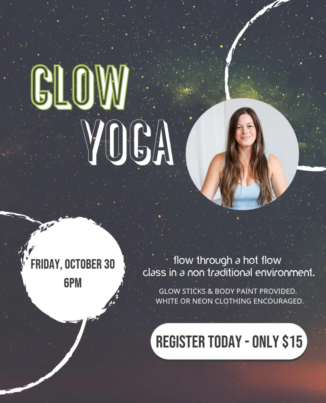 Get your glow on! ✨

This Friday, October 30 at 6pm, we&rsquo;re turning down the lights and turning up the colour for Hot Flow GLOW.

It&rsquo;s a traditional hot flow class in a not-so-traditional setting: a darker room, glowing colours everywhere,