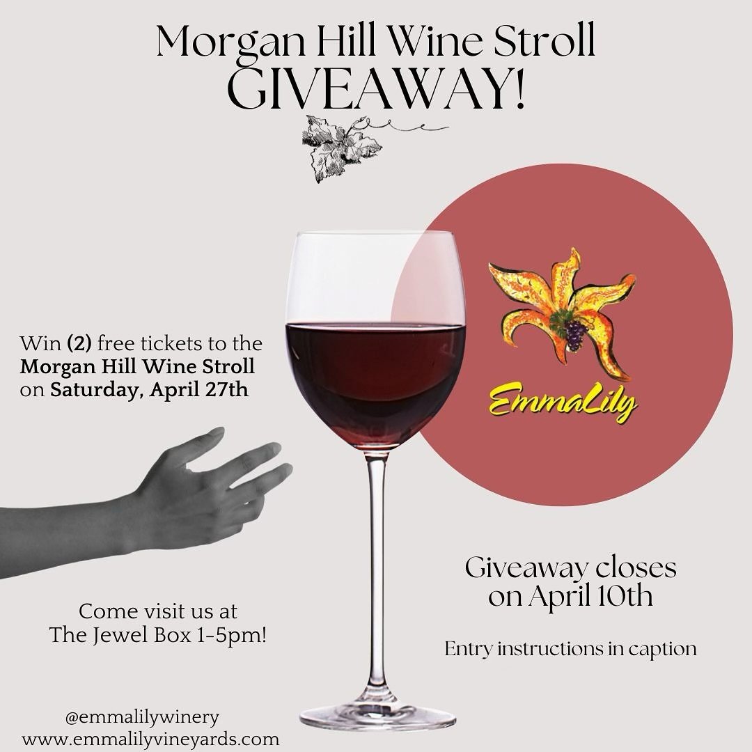 ★GIVEAWAY★

We&rsquo;re partnering with @downtownmorganhill to give away (2) free tickets to the Morgan Hill Wine Stroll on Saturday, April 27th!

All you have to do to enter is:
◦follow us @emmalilywinery 
◦like this post
◦tag someone you&rsquo;d ta