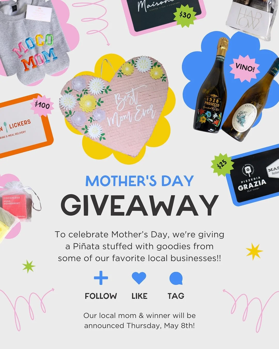 We&rsquo;re celebrating Mother&rsquo;s Day the best way we know how&mdash;by showering one lucky local mom with a pi&ntilde;ata stuffed with incredible gifts (maybe not the wine!) from some of our favorite Moore County businesses! 🎉

Entry for the g
