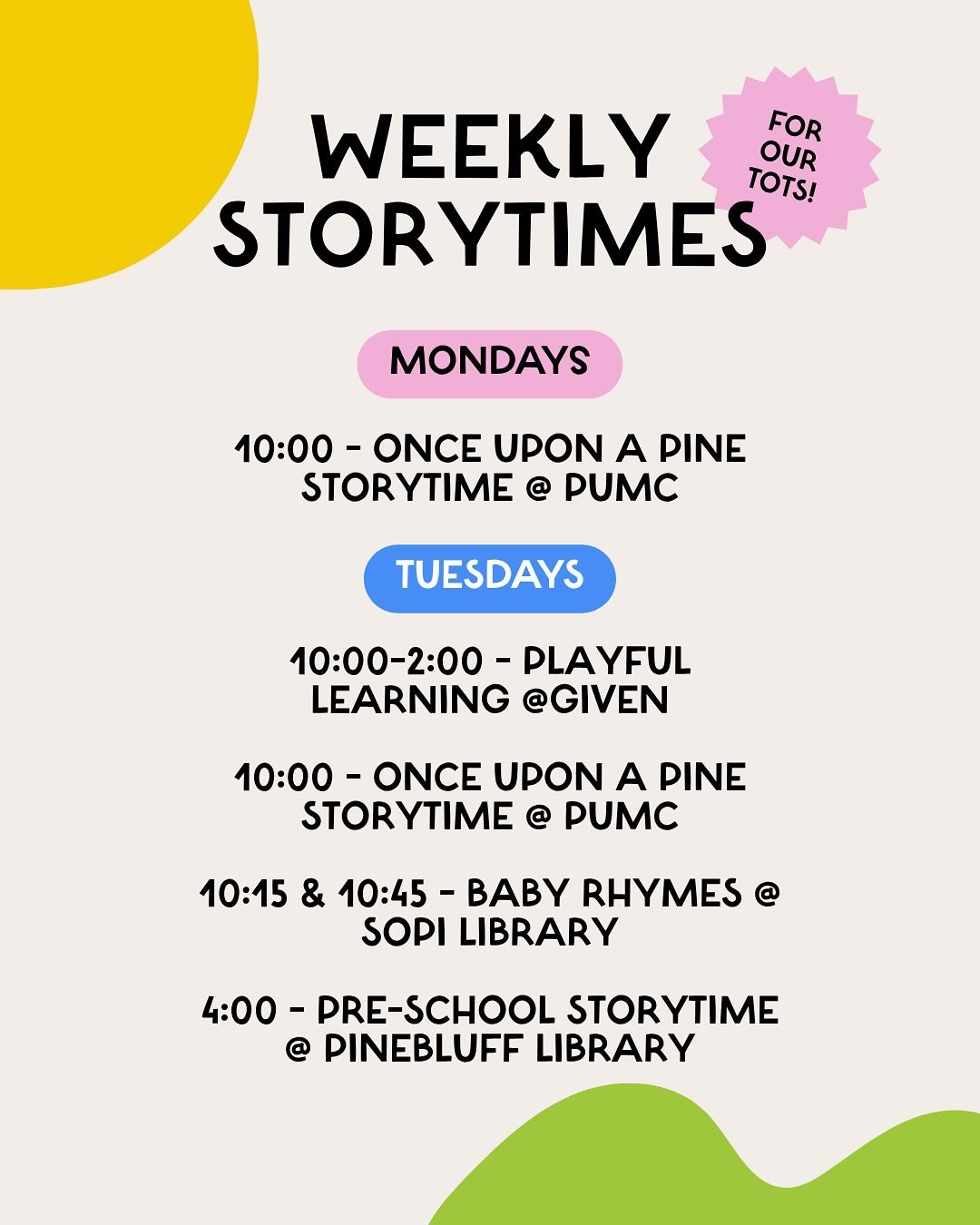 📚✨ WEEKLY STORYTIMES &mdash; ALL IN ONE PLACE!
 We&rsquo;ve rounded up pretty much every storytime in Moore County for kids ages 6 and under&mdash;because we know how hard it can be to track it all down in one place. 👶📖🎶

Head to mocomom.com/even