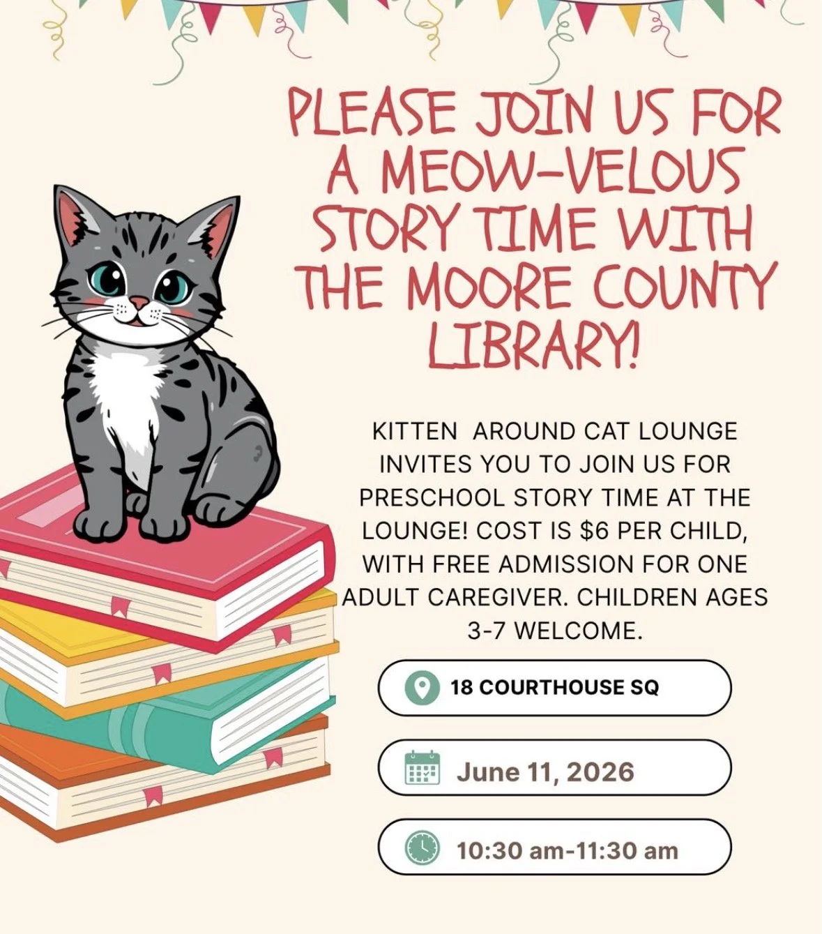 Storytime with Moore County Library at Kitten Around Cat Lounge