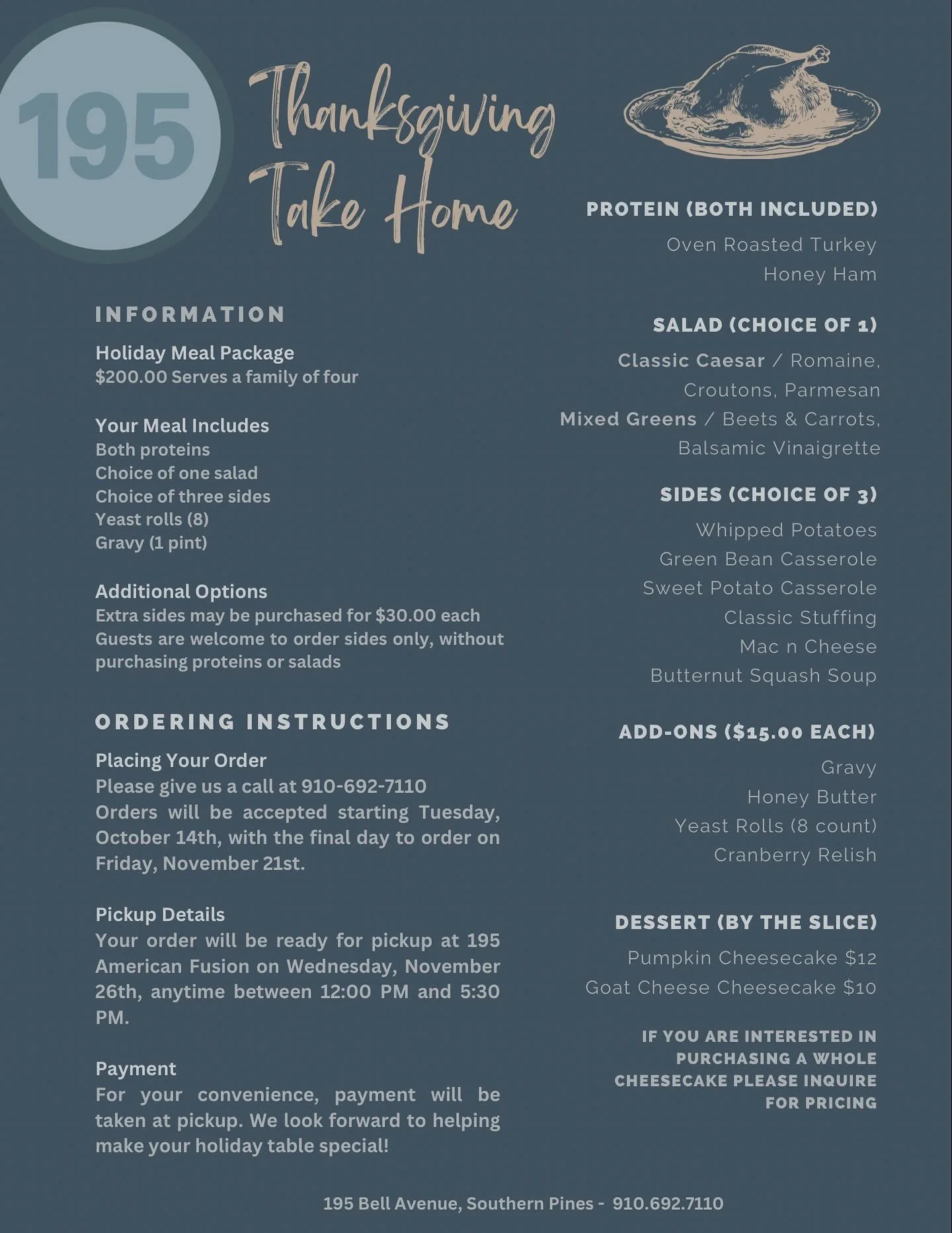 Thanksgiving Take-Home Meal from 195 American Fusion 2025 Southern Pines NC