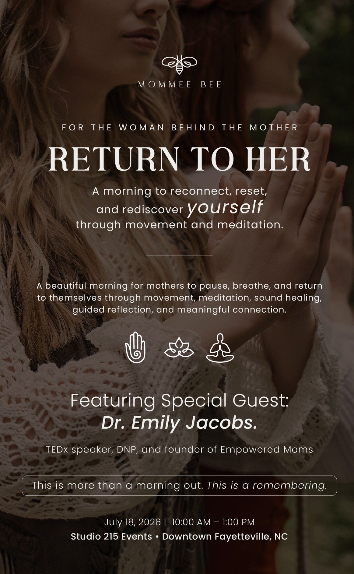 A beautiful morning for mothers to reconnect through yoga, meditation, sound healing, guided reflection, and community, featuring TEDx speaker Dr. Emily Jacobs.